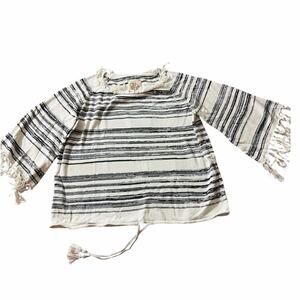 Cjaser black and white striped cotton knit sweater fringe belle sleeve Sz M NWT